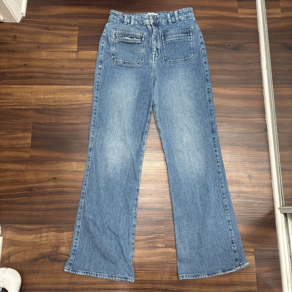 Reiss Women’s Sz 29 Patch Pocket Wide Leg Jeans Mid Blue Wash